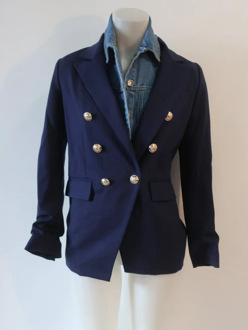 Dolan Navy (Item- 302) Double Breasted Miller Removable Denim Dickey Blazer XS